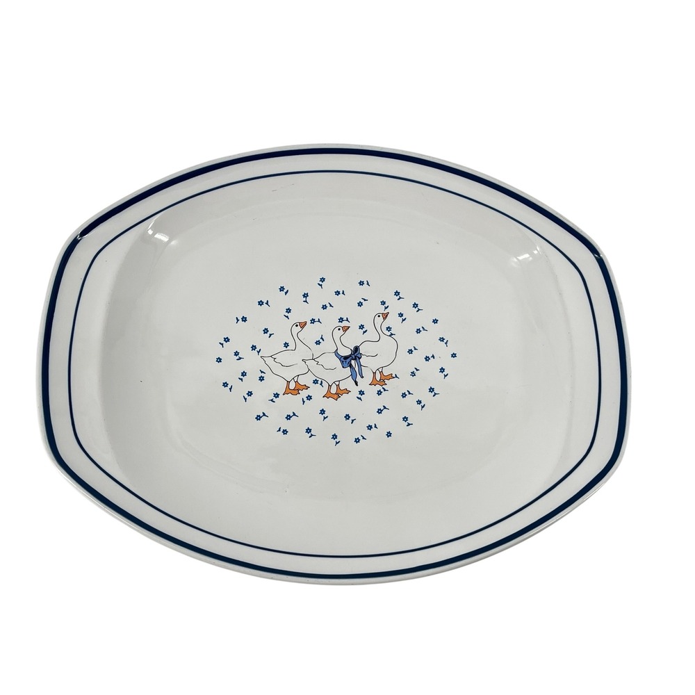 Vintage Country Goose by Trenditions Oval Serving Platter Blue White Farmhouse